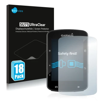 Face avant d’un emballage produit avec le logo de la marque Savvies. À côté, l’appareil Garmin Edge 520 Plus est représenté av