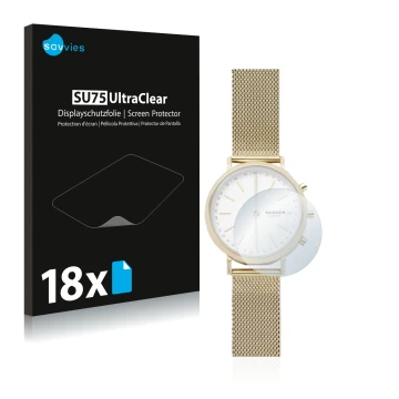 Face avant d’un emballage produit avec le logo de la marque Savvies. À côté, l’appareil Skagen Hybrid Smartwatch Mini Hald (34