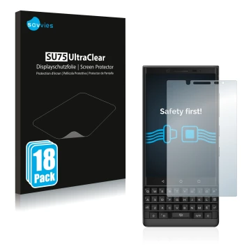 Face avant d’un emballage produit avec le logo de la marque Savvies. À côté, l’appareil BlackBerry Key2 est représenté avec la