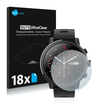 Face avant d’un emballage produit avec le logo de la marque Savvies. À côté, l’appareil Huami Amazfit Stratos est représenté a