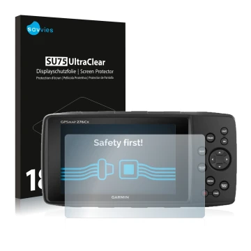 Face avant d’un emballage produit avec le logo de la marque Savvies. À côté, l’appareil Garmin GPSMAP 276Cx est représenté ave