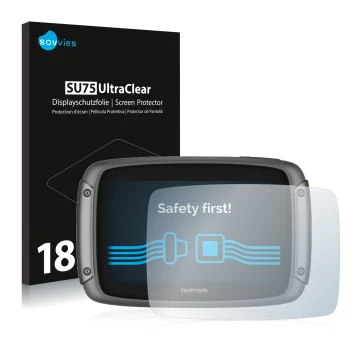 Face avant d’un emballage produit avec le logo de la marque Savvies. À côté, l’appareil TomTom Rider 500 est représenté avec l