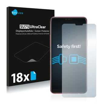 Face avant d’un emballage produit avec le logo de la marque Savvies. À côté, l’appareil Oppo F7 est représenté avec la protect