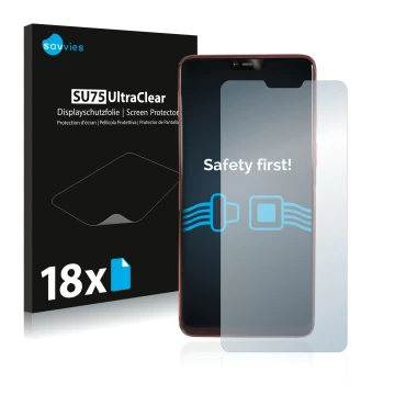 Face avant d’un emballage produit avec le logo de la marque Savvies. À côté, l’appareil Oppo R15 Pro est représenté avec la pr