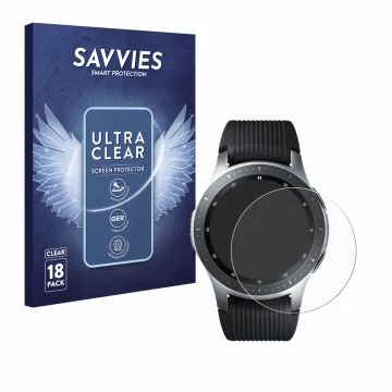 Face avant d’un emballage produit avec le logo de la marque Savvies. À côté, l’appareil Samsung Galaxy Watch (46 mm) est repré