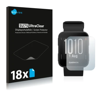 Face avant d’un emballage produit avec le logo de la marque Savvies. À côté, l’appareil Garmin Approach S10 est représenté ave