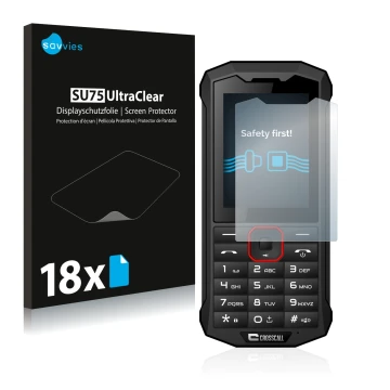 Face avant d’un emballage produit avec le logo de la marque Savvies. À côté, l’appareil Crosscall Spider X4 est représenté ave