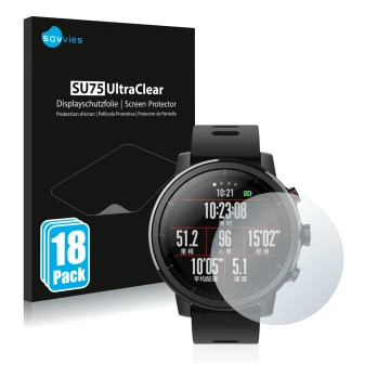 Face avant d’un emballage produit avec le logo de la marque Savvies. À côté, l’appareil Huami Amazfit Stratos 2 est représenté