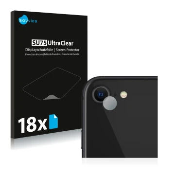 Face avant d’un emballage produit avec le logo de la marque Savvies. À côté, l’appareil Apple iPhone SE 2 2020 (Caméra UNIQUEM