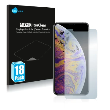 Face avant d’un emballage produit avec le logo de la marque Savvies. À côté, l’appareil Apple iPhone Xs Max est représenté ave