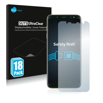Face avant d’un emballage produit avec le logo de la marque Savvies. À côté, l’appareil Samsung Galaxy J6 2018 est représenté 
