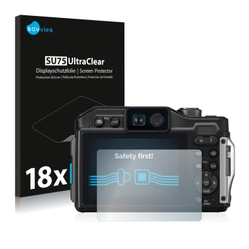 Face avant d’un emballage produit avec le logo de la marque Savvies. À côté, l’appareil Panasonic Lumix DC-FT7 est représenté 