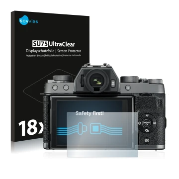 Face avant d’un emballage produit avec le logo de la marque Savvies. À côté, l’appareil Fujifilm X-T100 est représenté avec la
