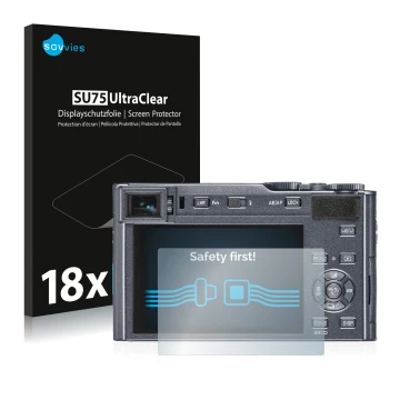 Face avant d’un emballage produit avec le logo de la marque Savvies. À côté, l’appareil Leica C-Lux est représenté avec la pro