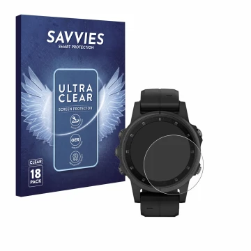 Face avant d’un emballage produit avec le logo de la marque Savvies. À côté, l’appareil Garmin Fenix 5S Plus (42 mm) est repré