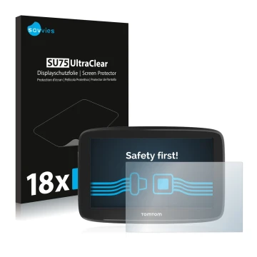 Face avant d’un emballage produit avec le logo de la marque Savvies. À côté, l’appareil TomTom GO Basic (6