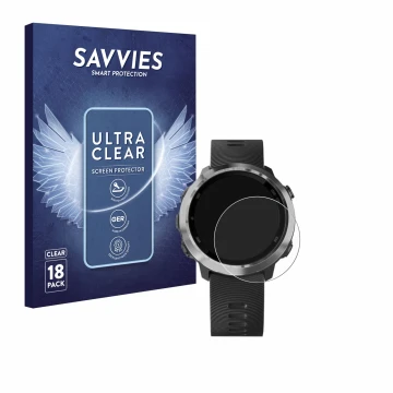 Face avant d’un emballage produit avec le logo de la marque Savvies. À côté, l’appareil Garmin Forerunner 645 Music est représ