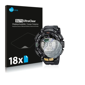 Face avant d’un emballage produit avec le logo de la marque Savvies. À côté, l’appareil Casio Pro Trek PRG-240-1ER est représe