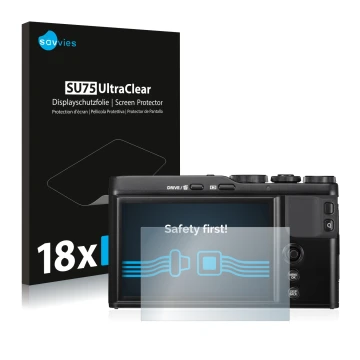 Face avant d’un emballage produit avec le logo de la marque Savvies. À côté, l’appareil Fujifilm XF10 est représenté avec la p