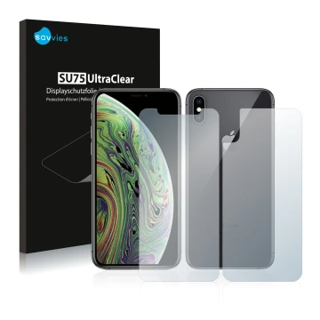 Face avant d’un emballage produit avec le logo de la marque Savvies. À côté, l’appareil Apple iPhone Xs (Avant+Arrière) est re