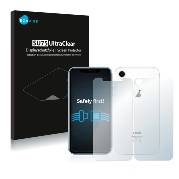 Face avant d’un emballage produit avec le logo de la marque Savvies. À côté, l’appareil Apple iPhone XR (Avant+Arrière) est re