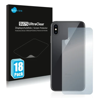 Face avant d’un emballage produit avec le logo de la marque Savvies. À côté, l’appareil Apple iPhone Xs Max (Le dos) est repré