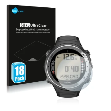 Face avant d’un emballage produit avec le logo de la marque Savvies. À côté, l’appareil Suunto D4I est représenté avec la prot