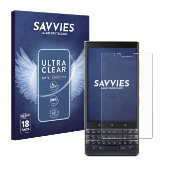 Face avant d’un emballage produit avec le logo de la marque Savvies. À côté, l’appareil BlackBerry Key2 LE est représenté avec