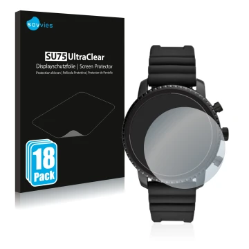 Face avant d’un emballage produit avec le logo de la marque Savvies. À côté, l’appareil Fossil Q Explorist HR (4.Gen) est repr