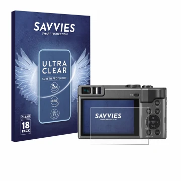 Face avant d’un emballage produit avec le logo de la marque Savvies. À côté, l’appareil Panasonic Lumix DC-TZ90 est représenté