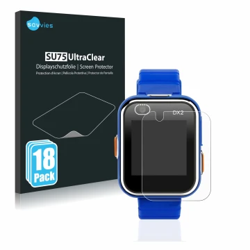 Face avant d’un emballage produit avec le logo de la marque Savvies. À côté, l’appareil Vtech Kidizoom Smart Watch DX2 est rep