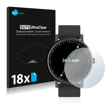 Face avant d’un emballage produit avec le logo de la marque Savvies. À côté, l’appareil Montres (Circulaire, ø: 34.5 mm) est r