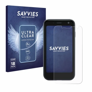 Face avant d’un emballage produit avec le logo de la marque Savvies. À côté, l’appareil Palm Mini Smartphone est représenté av