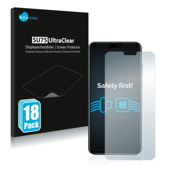 Face avant d’un emballage produit avec le logo de la marque Savvies. À côté, l’appareil Honor 8X est représenté avec la protec