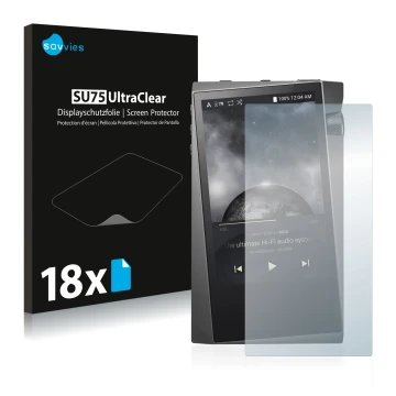 Face avant d’un emballage produit avec le logo de la marque Savvies. À côté, l’appareil Astell&Kern A&norma SR15 est représent