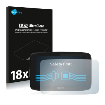 Face avant d’un emballage produit avec le logo de la marque Savvies. À côté, l’appareil TomTom GO Essential 6