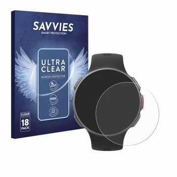 Face avant d’un emballage produit avec le logo de la marque Savvies. À côté, l’appareil Polar Vantage V est représenté avec la