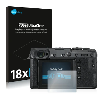 Face avant d’un emballage produit avec le logo de la marque Savvies. À côté, l’appareil Fujifilm GFX 50R est représenté avec l