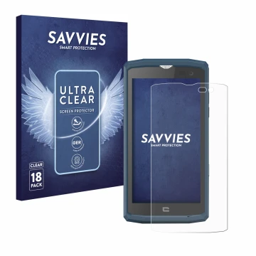 Face avant d’un emballage produit avec le logo de la marque Savvies. À côté, l’appareil Crosscall Core X3 est représenté avec 