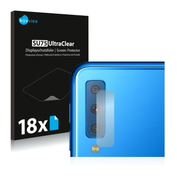 Face avant d’un emballage produit avec le logo de la marque Savvies. À côté, l’appareil Samsung Galaxy A7 2018 (Caméra UNIQUEM