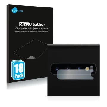 Face avant d’un emballage produit avec le logo de la marque Savvies. À côté, l’appareil Samsung Galaxy S10 (Caméra UNIQUEMENT)