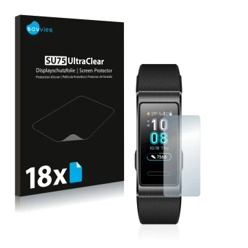 Face avant d’un emballage produit avec le logo de la marque Savvies. À côté, l’appareil Huawei Band 3 Pro est représenté avec 