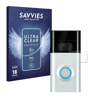 Face avant d’un emballage produit avec le logo de la marque Savvies. À côté, l’appareil Ring Doorbell 2 (Lentille) est représe