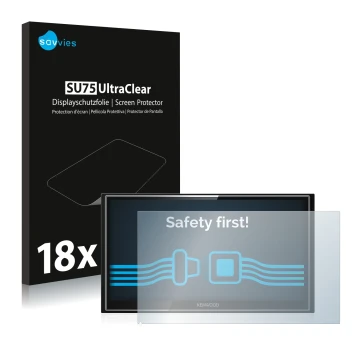 Face avant d’un emballage produit avec le logo de la marque Savvies. À côté, l’appareil Kenwood DMX7018DABS est représenté ave