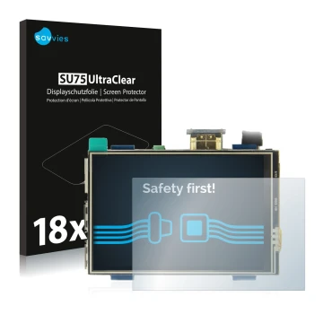 Face avant d’un emballage produit avec le logo de la marque Savvies. À côté, l’appareil Raspberry Pi Touchscreen (3.5