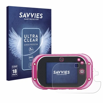 Face avant d’un emballage produit avec le logo de la marque Savvies. À côté, l’appareil Vtech Kidizoom Touch 5.0 2018 est repr
