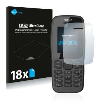 Face avant d’un emballage produit avec le logo de la marque Savvies. À côté, l’appareil Nokia 106 2018 est représenté avec la 