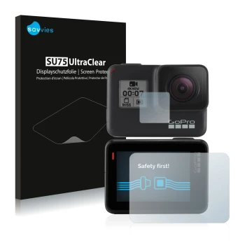 Face avant d’un emballage produit avec le logo de la marque Savvies. À côté, l’appareil GoPro Hero 7 Black est représenté avec