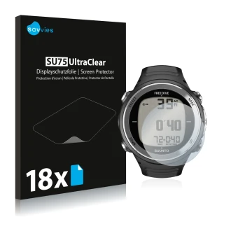 Face avant d’un emballage produit avec le logo de la marque Savvies. À côté, l’appareil Suunto D4F est représenté avec la prot