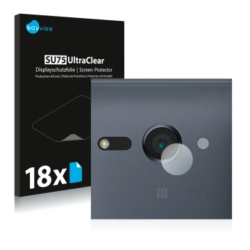 Face avant d’un emballage produit avec le logo de la marque Savvies. À côté, l’appareil Sony Xperia XZ2 Compact (Caméra UNIQUE